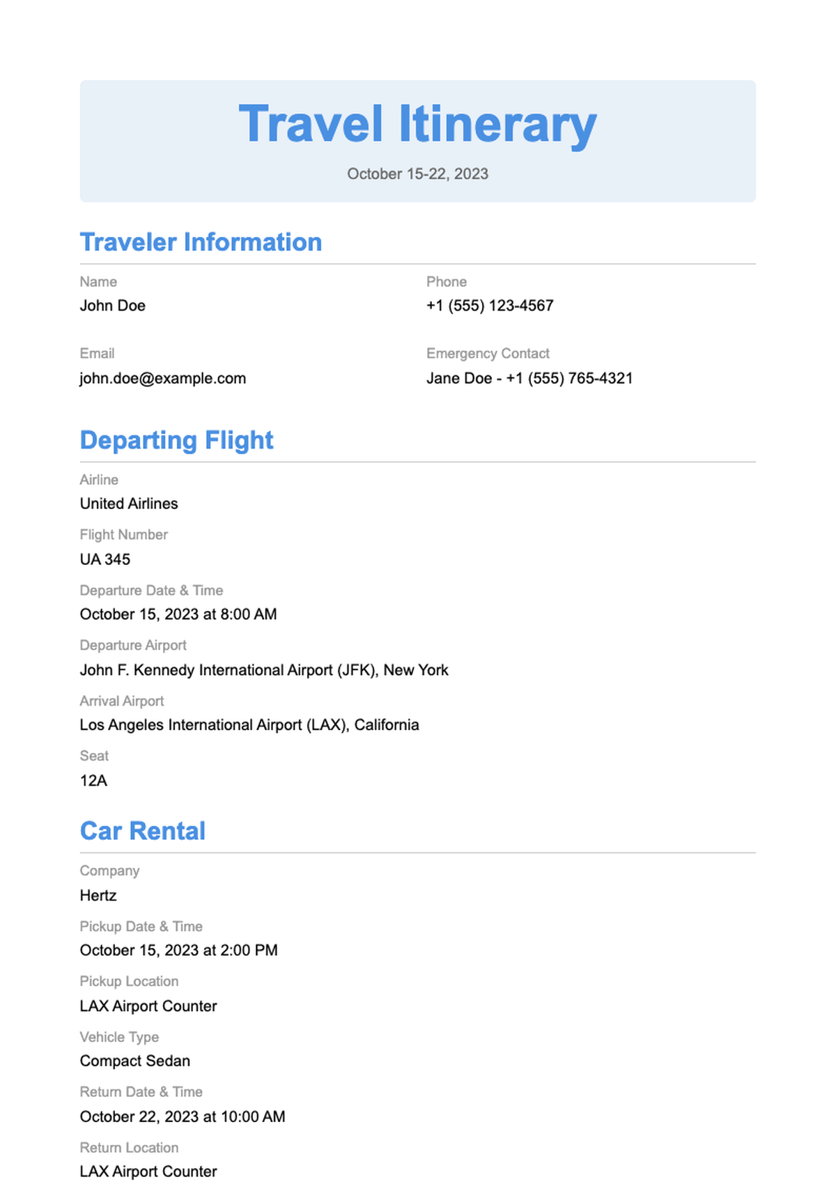 Detailed business travel itinerary with flight car rental hotel and activities_variant_1